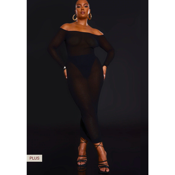 PrettyLittleThing Plus Black Sheer Knit Bardot Midi Dress Size L NWT - Picture 1 of 6